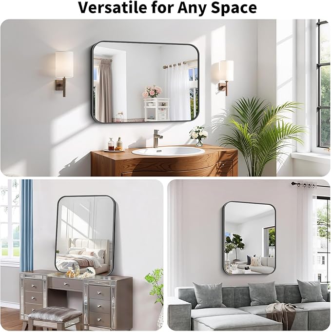 Koonmi Black Framed Bathroom Mirror - 24x36 Inch Shatterproof Tempered Glass Vanity Mirror for Bathroom Sink, Wall Mounted with Matte Aluminum Alloy Frame, No Distortion, Modern Decor