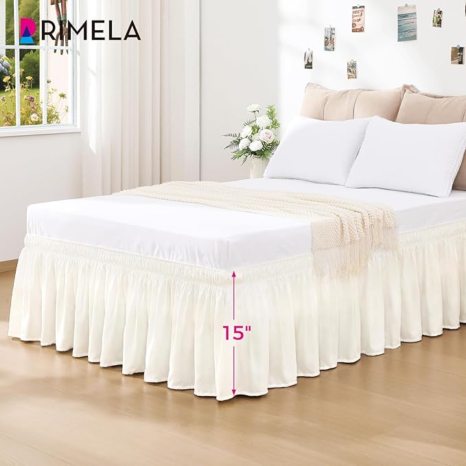 RIMELA Cream White Bed Skirt King Size 15 Inch Drop, Wrap Around Elastic Bedskirt, Dust Ruffle for Adjustable Bed Base Machine Washable Easy to Install Bed Skirts