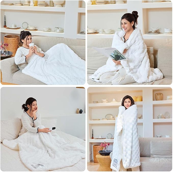 Electric Blanket Throw - Soft Checked Flannel with 6 Heating Levels, 4 Hours Auto-Off, Fast Heating, ETL & FCC Certified, 50"x60", Overheating Protection, Cozy Heated Blanket Throw（White）