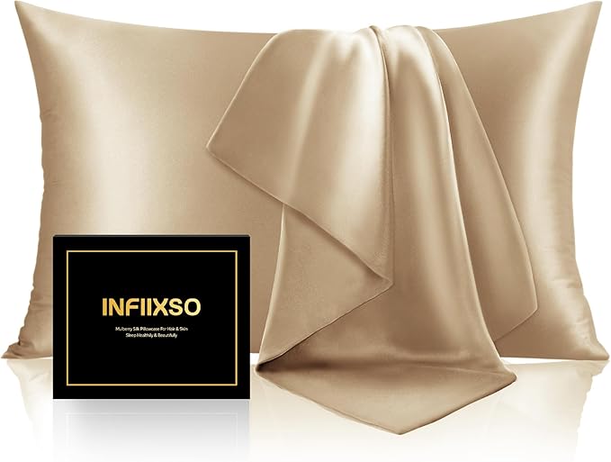 INFIIXSO Mulberry Silk Pillowcase for Hair and Skin, Silk Pillow Cases Queen Size with Hidden Zipper 20x30 Inches, Super Smooth and Soft Cooling Pillow Cases for Hot Sleepers(Champagne, 1 Pack)