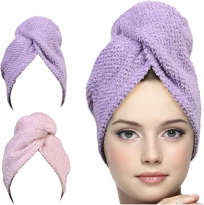 KEEPOZ Hair Towel Wrap Quick Dry 100% Cotton Super Absorbent Turban Head Wrap for Women with Button, Non Microfiber Anti Frizz Products, Hair Cap for Curly, Long (Lilac Pink Check, 2 Pcs)