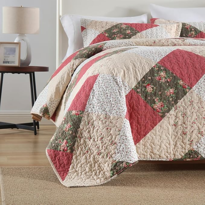 ENASAL Cotton Bedspread Quilt Bedding Sets Reversible Coverlet Sets Comforters Rose Floral Purple White Patchwork Pattern Bedspread for All Season, Queen Size