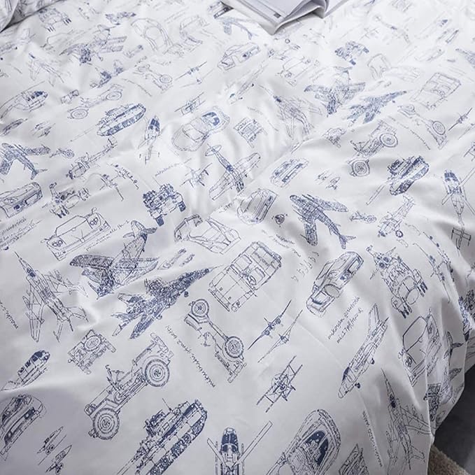 KAREVER Aircraft Comforter Set Queen Boys White Cartoon Bedding Set Alternative Comforters Airplane Car Tank Printed Bedding Blanket Full for Children Teen Boy with Microfiber Inner Insert