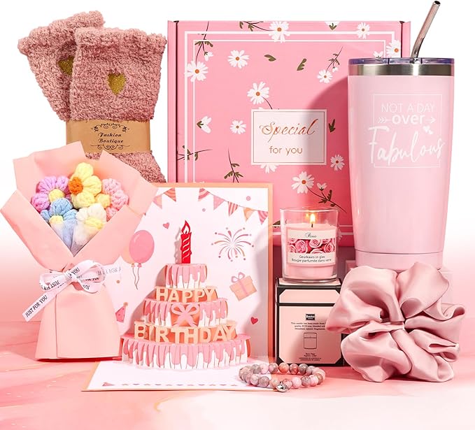 Birthday Gifts for Women Friendship, Pink Relaxing Spa Gifts Basket Set for Women, Self Care Gifts Unique Happy Birthday Gift Idea for Mom Her Best Friends Sister Wife Coworker Teacher (Pink)