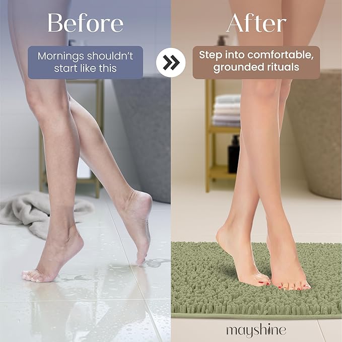 MAYSHINE Plush Shaggy Chenille Bath Mat | Extra Soft, Super Absorbent, Non-Slip Bathroom Rug | Fluffy Microfiber, Area Rug Sets for Bathroom Floor, Kitchen, Living Room | 23"x14" | Sage Green
