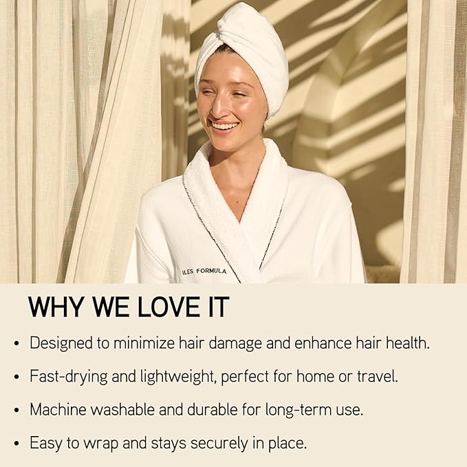 ILES FORMULA Hair Turban Towel – Ultra-Soft Microfiber Hair Towel Wrap for Fast Drying, Frizz Control & Breakage Protection – Large, Lightweight Hair Wrap for Short, Long & Curly – White