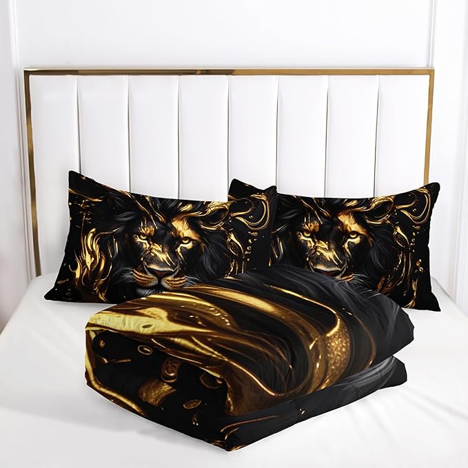 Black & Gold Full Comforter Set Lion，Animal Print Full Size Bedding，with 1 Comforter with 2 Pillow Case，Lion Themed Bedroom Decor for Boy Kids