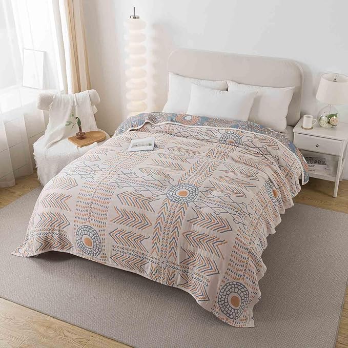 Qidordour Boho Throw Blanket, 60"x80" Muslin Blankets, 100% Organic Cotton Blanket for Couch Sofa, Lightweight Quilt, All Season Bed Throw, Farmhouse Home Decor, D-Indian Arrowhead