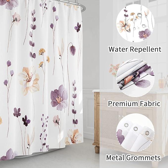 Gibelle Small Stall Shower Curtain 36 x 72, Narrow Half Watercolor Floral Fabric Shower Curtain, Plum Beige Flower Decorative Bathroom Shower Curtain Set with Hooks