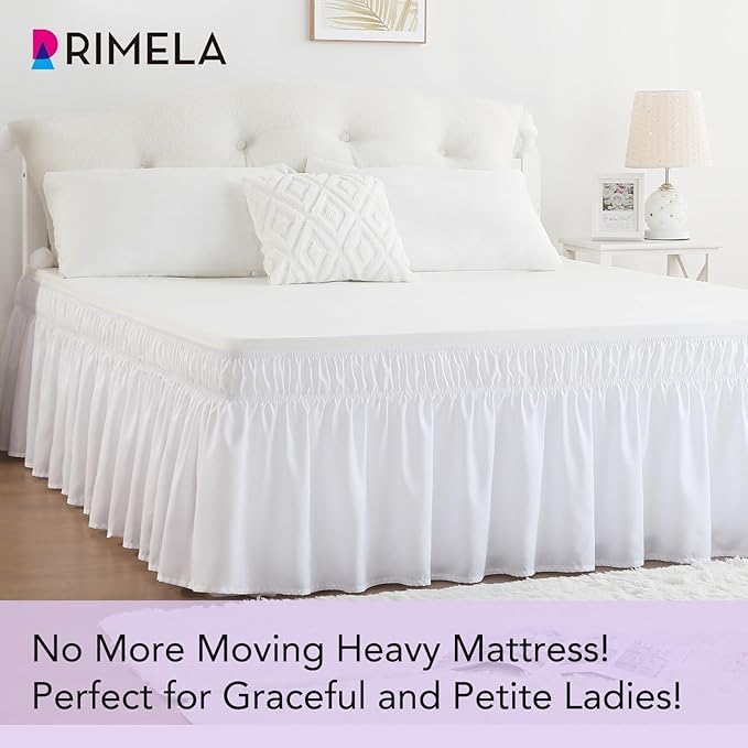 RIMELA White Bed Skirt Full Size 18 Inch Drop, Elastic Bed Skirting for Bed Base and Frame, Bedding Dust Ruffle Easy to Install, Lightweight Wrap Around Adjustable Bedskirt