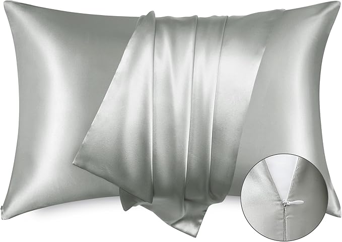 Bedsure Satin Pillowcase with Zipper, Similar to Silk Pillow Cases 2 Pack, Grey Satin Pillow Cases Standard Size, Silky & Soft Pillow Covers for Hair and Skin, Gifts for Women Men, 20x26 Inches