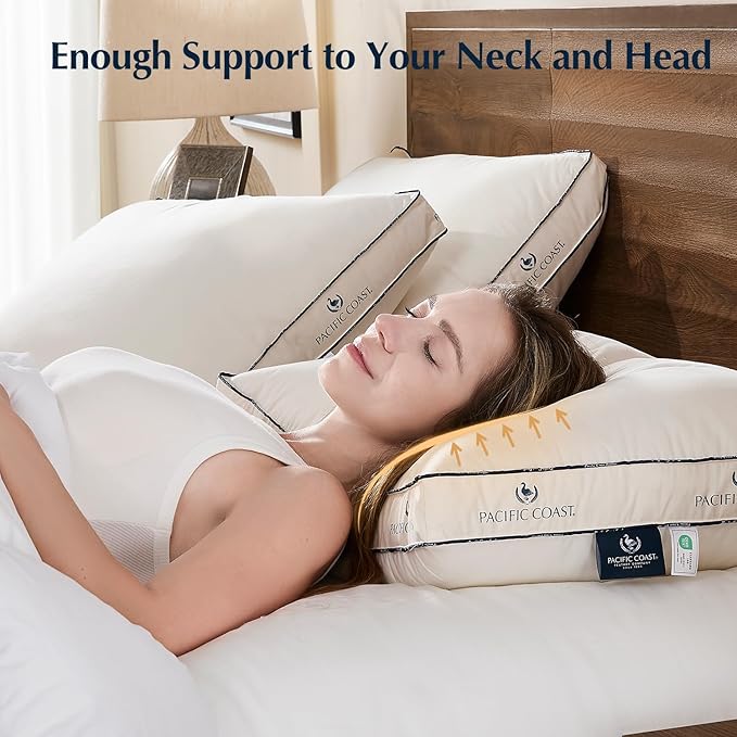 Pacific Coast Goose Feather and Down Pillows, with 100% Organic Cotton Cover, Standard Size Set of 2, Gusseted Design for Sleeping, Hotel Collection, Firm Pillows for Side and Back Sleepers