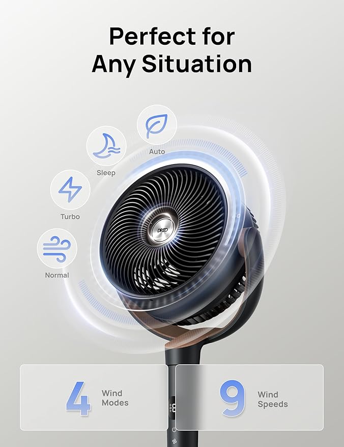 Dreo Fan for Bedroom, 120° Oscillating Standing Fan, Quiet Floor Fan with DC Motor, Pedestal Fan for Room, 9 Speeds, 4 modes, 20dB, 120° Manual Vertical, 37-42" Adjustable Height, 9H Timer, Black