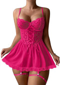 Lilosy Sexy Garter Belt Mesh Lace Babydoll Lingerie Dress Set with Thong