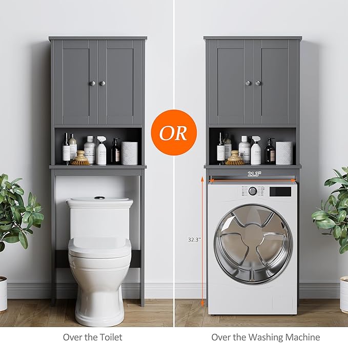 Meilocar Over The Toilet Storage Cabinet, Bathroom Storage Cabinet Over Toilet with 2 Wood Doors, Freestanding Space Saver, Adjustable Shelf & Open Shelf, Grey