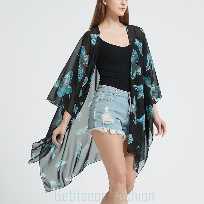 Women's Bohemian Floral Chiffon Beach Cover up Swimsuit Kimono Summer Swimwear Cardigans