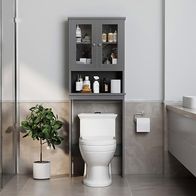 Meilocar Over The Toilet Storage Cabinet, Bathroom Storage Organizer Over Toilet with Glass Doors, Over Toilet Cabinet for Bathroom Freestanding Space Saver, Grey