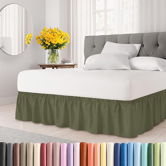 Wrap Around Dust Ruffle Bed Skirt - Sage Green - Twin/Twin XL Size Beds with 21 Inch Drop - Elastic Strap - Adjustable Pleated Bedskirt with Brushed Fabric and Wrinkle Free - Women, Men, Kids & Teens