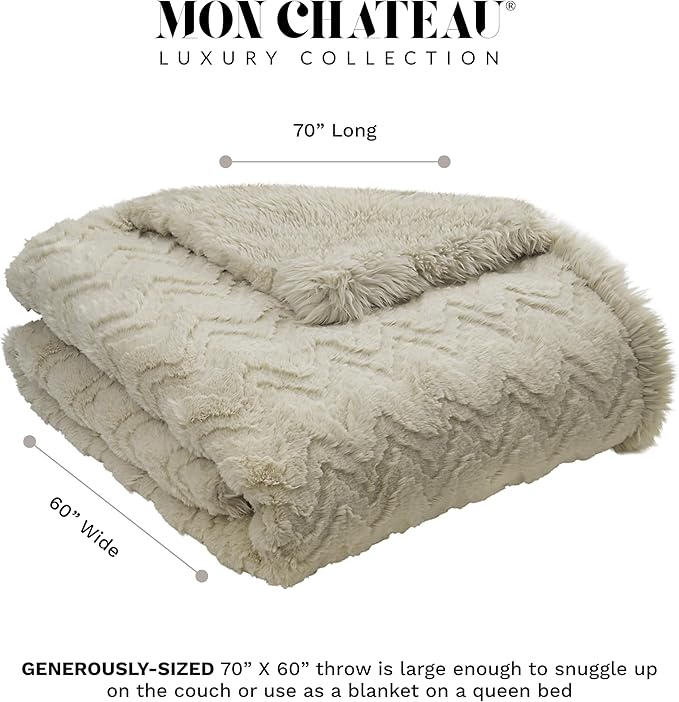 Mon Chateau 60" x 70" Crest Faux Fur Throw, Plush Luxury Blanket for Couch, Sofa, or Bed, Soft Reversible Throw Blanket for Sleeping, Home & Room Decor, Sandstone Jacquard