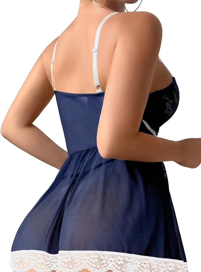 Lilosy Sexy Garter Belt Mesh Lace Babydoll Lingerie Dress Set with Thong