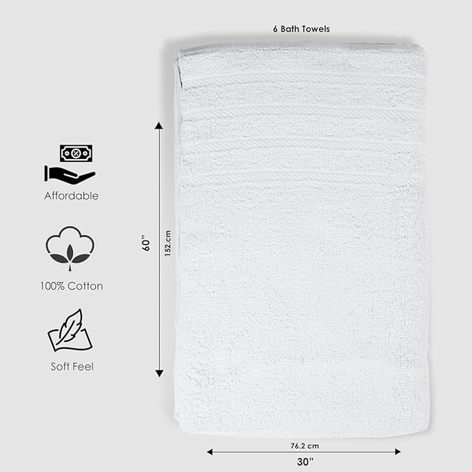 TOALLA_ Bath Towels_30x60_Pk 6_White Bath Towels (6-Pack, 30W X 60 L Inches) White Color- Cotton Towel for Gym, Bath, Spa, Shaving, Shampoo, for Daily use, Large
