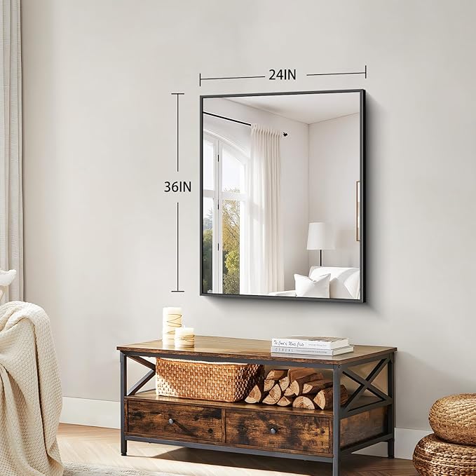 Koonmi Black Framed Bathroom Mirror - Shatterproof 36"x24" Tempered Glass, HD No Distortion, Horizontal/Vertical Mount, Modern Matte Aluminum Alloy Frame