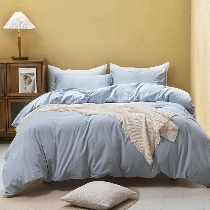 FOSSA Duvet Cover Set 100% Washed Cotton Linen Feel Super Soft Breathable Cozy 3 Pieces Bedding Sets Solid Cornflower Blue California King