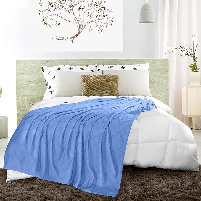 Avalon Bedding 100% Cotton Blankets King Size Thermal Blanket (108"x90") - Perfect Cotton Blanket King Size for Layering Bed in Any Season - Cotton Blankets for Bed (Blue)