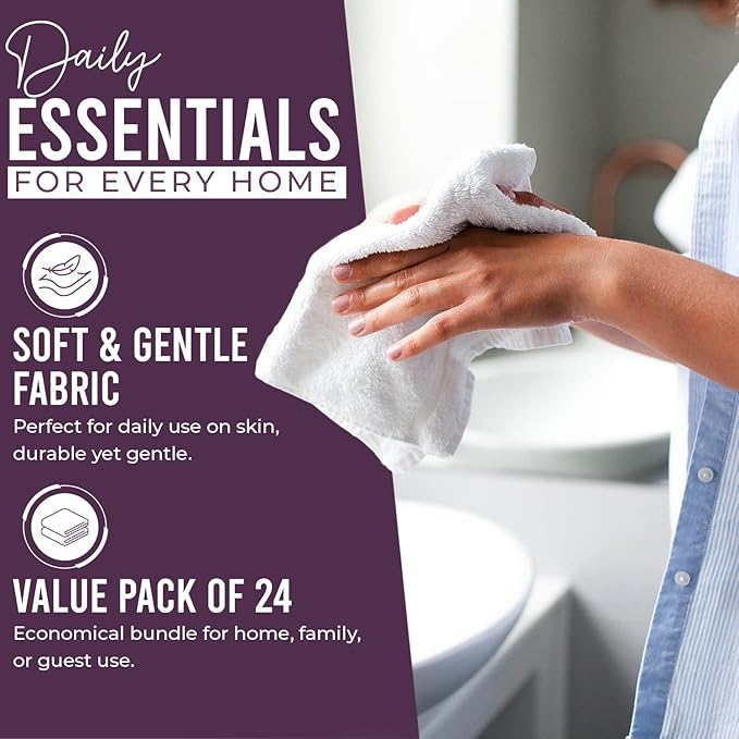DAN RIVER 100% Cotton Wash Cloths 24 Pack [12x12] Soft & Absorbent Body wash Cloths, Gym, Hotels & Spa Perfect for Everyday Use Fingertip Towels, Purple Passion
