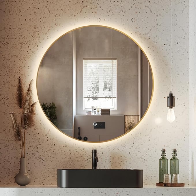 Niccy 28" LED Backlit Round Mirror for Bathroom, Gold Framed Vanity Light Wall Mirror LED Smart Circle Mirrors with 3 Lighting Colors, Dimmable Lighted Mirror with Anti-Fog, IP65 Waterproof