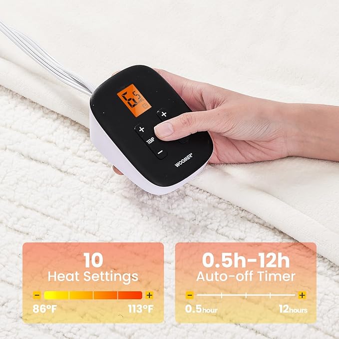 WOOMER Electric Blanket Full Size,Durable Flannel and Soft Sherpa,Dual Control,77”×84” Heated Throw Blanket, 10 Heat Levels&0.5-12h auto-Off,Energy Efficient,ETL Certified