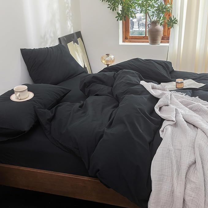 FOSSA Duvet Cover Set 100% Washed Cotton Linen Feel Super Soft Breathable Cozy 3 Pieces Bedding Sets Solid Black Super Queen