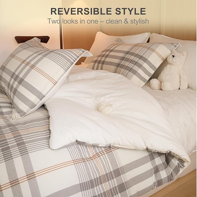 100% Cotton Comforter Set King Size – Reversible Yarn-Dyed Checkered Design, Soft Washed Cotton on Both Sides, Lightweight All-Season Bedding, Machine Washable(Grey White Plaid, 104”x90”)