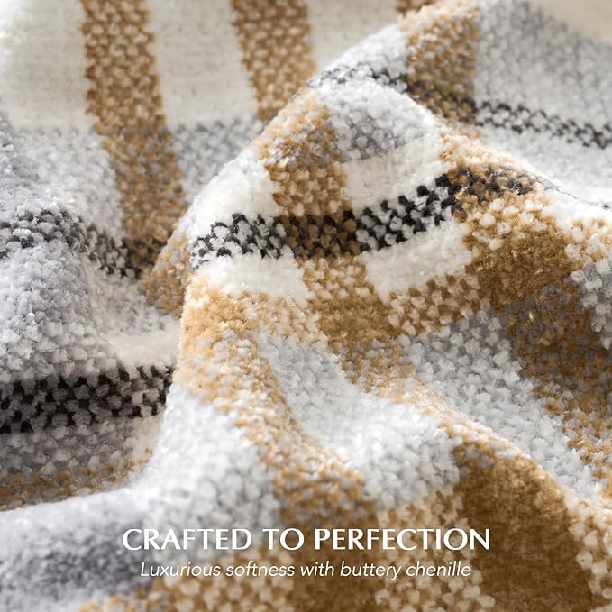 EVERGRACE Plaid Chenille Throw Blanket for Couch, Super Soft Cozy Decorative Farmhouse Plaid Throw with Tassels, Lightweight Chenille Knit Throw for Bed Sofa Gift Home Decor, Grey & Beige 60"x80"