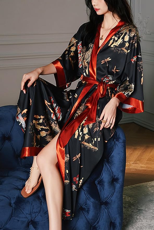 Silk Satin Robe for Women Long Japanese Kimono Robe Lightweight Soft Bathrobe Floral Luxury Dressing Gown