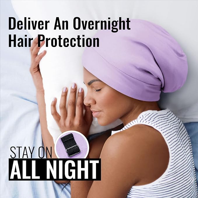 Satin Lined Sleep Cap Bonnet for Curly Hair and Braids, Stay On All Night Hair Wrap with Adjustable Strap for Women and Men, Lavender, Pack of 1