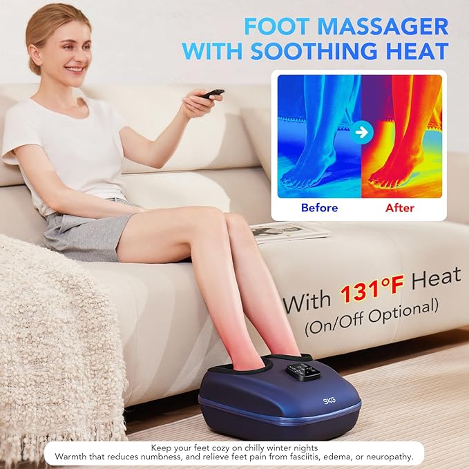 SKG Shiatsu Foot Massager with Heat and Remote for Pain Relief, Electric Feet Massage Machine with 3 Massage Compression Modes Relieve for Plantar Fasciitis Neuropathy, Size 13 for Men Women, 2025