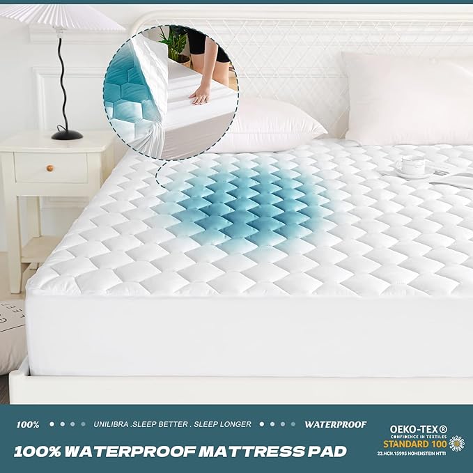 UNILIBRA King Mattress Protector Waterproof, Deep Pocket Mattress Pad Cover Up to 18 Inches, Quilted Fitted Hollow Cotton Filling Breathable Mattress Topper