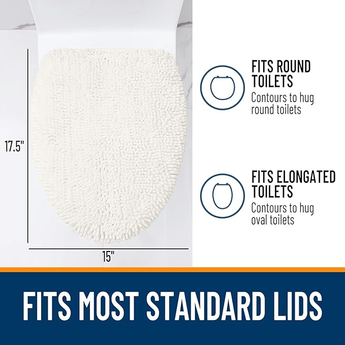 OLANLY Soft Chenille Bathroom Toilet Lid Cover, Machine Washable Seat Covers, 17.5x15, Stays in Place Rubber Backing, Fits Most Round, Elongated and Oblong Lids, Accessories Decor, Ivory