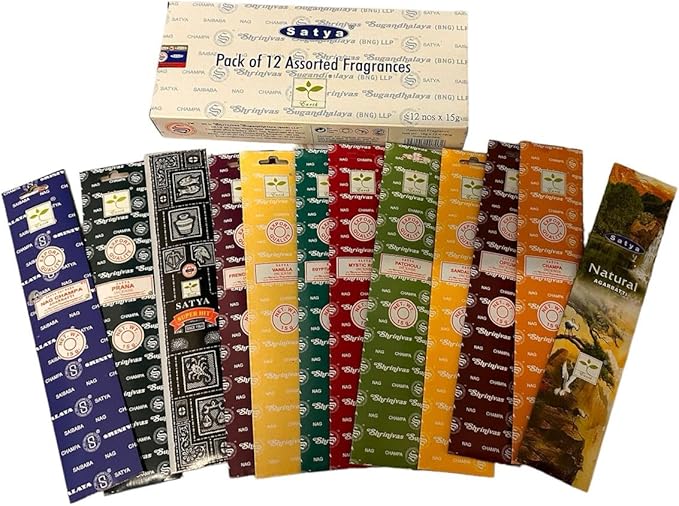 Satya Incense 15g Set of 12 Nag Champa, Super Hit, Sacred Sandalwood, Pure Patchouli, Mystic Rose, Vanilla, Prana, Natural, French Lavender, Opium, Egyptian Jasmine, Champa, VarietyPack01