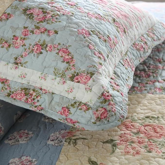 Cotton Bedspread Quilt Bedding Sets 3 Pieces Reversible Coverlet Sets Comforters Green Rose Floral Patchwork Bedspread, King Size