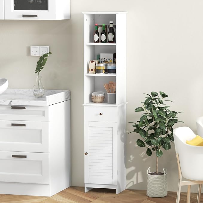 Giantex 64.5” Tall Bathroom Cabinet, Narrow Floor Storage Cabinet with Adjustable Shelves, 1 Door & 1 Drawer, Anti-Toppling Design, Modern Storage Organizer for Bathroom, Living Room, Hallway