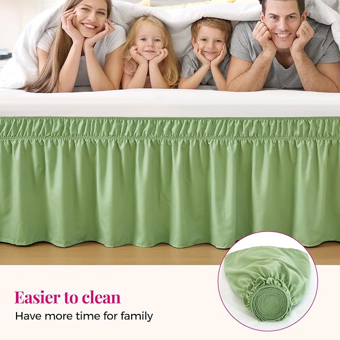 RIMELA Light Green Bed Skirt Twin Size 15 Inch Drop, Elastic Bed Skirting for Adjustable Bed Base and Frame, Bedding Dust Ruffle Easy to Install, Hotel Quality Wrap Around Bedskirt