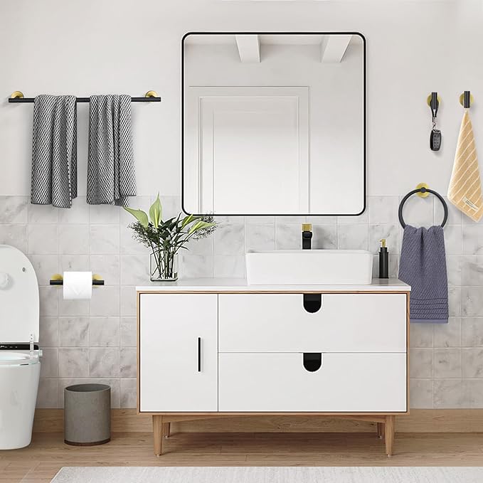 Black and Gold Towel Bar Bathroom Hardware Accessories Set, 10 Pieces Upgraded Round Toilet Paper Holder Towel Rack for Bathroom Wall Mounted, 23.6 Inch Stainless Steel Towel Rods for Bathroom