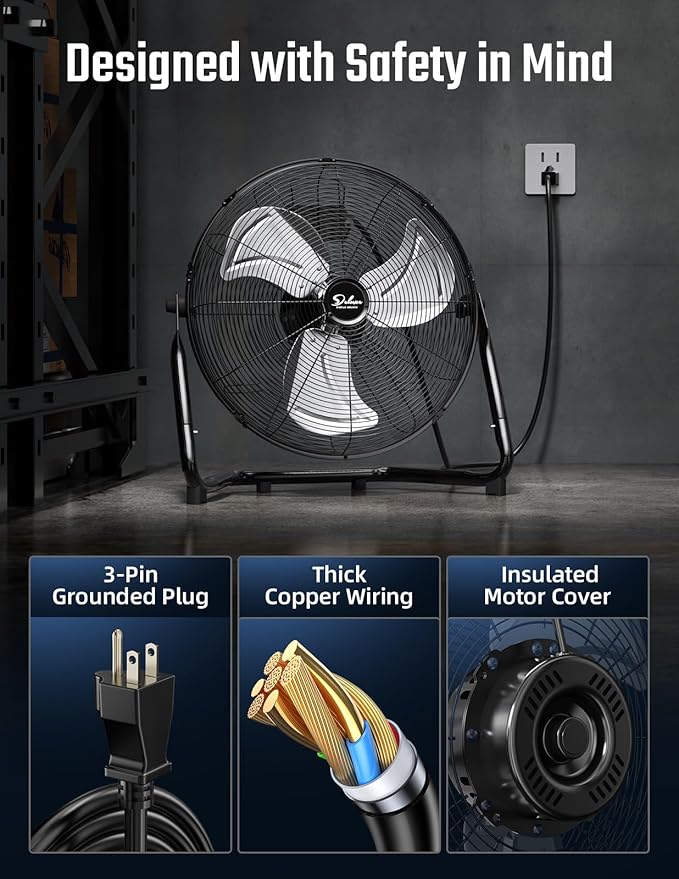 Simple Deluxe 20 Inch 3-Speed High Velocity Heavy Duty Metal Industrial Floor Fan for Warehouse, Workshop, Factory and Basement, Black, 1 Pack