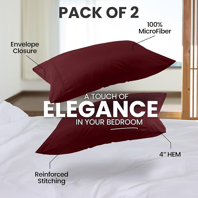 Pillow Covers by Utopia Bedding - Standard Size 2-Pack – Soft Brushed Microfiber – Perfect for Hospitals, Hotels, Guest Rooms – Oeko-TEX Certified, 20x26 Inches (Burgundy)