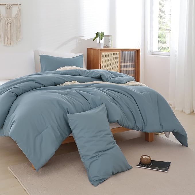 ROSGONIA Comforter Full Size for Boys Teen Girls Dusty Blue, 3pcs (1 Boho Comforter & 2 Pillowcases), Lightweight Dorm Bedding Soft All Season Bed Set