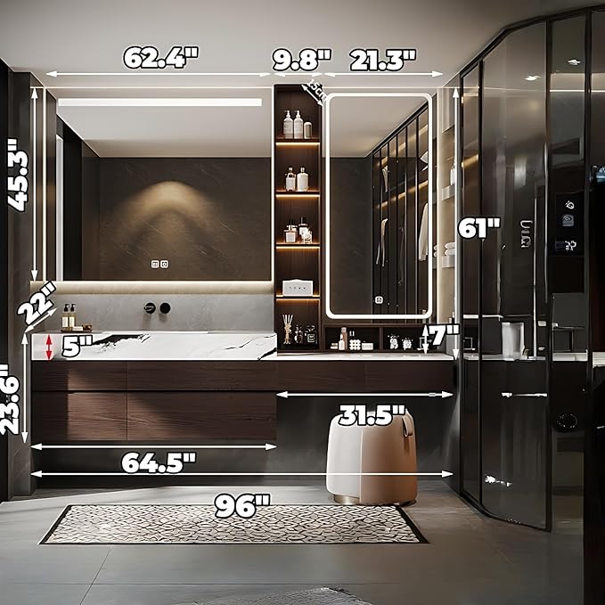 Bathroom Vanity with Sink - Luxury Bathroom Sink Cabinet, Floating Vanity with Smart Defogging Mirror & Storage Drawer, Multi-Layer Solid Wood Panel - Complete Accessories (96")