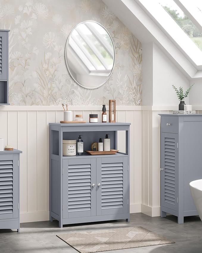 VASAGLE Floor Storage Cabinet, Freestanding Storage Unit with Double Shutter Doors and Adjustable Shelf, for Living Room, Bathroom, Entryway, Kitchen, Dove Gray UBBC040G02