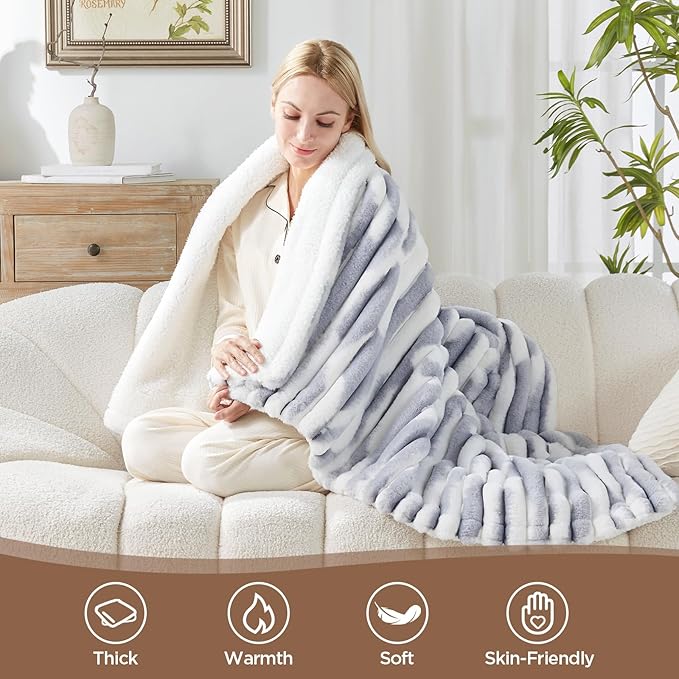 Westinghouse Electric Blanket Heated Throw, Super Cozy Luxury Faux Fur & Sherpa with 6 Heating Levels & 2-10 Hours Auto Off, Fast Heating & Overheat Protection, 50x60 Inch, Blue Gray